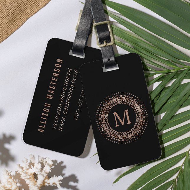 Eleganten Black & Faux Ro Guld, första Monogram Bagagebricka (Skapare uppladdad)