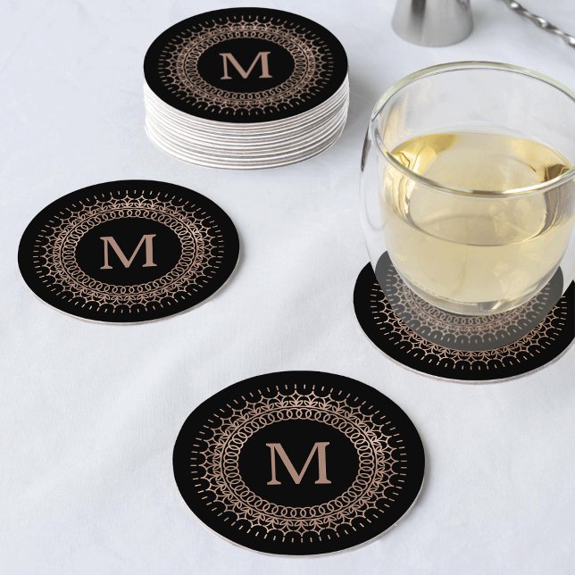 Eleganten Black & Faux Ro Guld, första Monogram Underlägg Papper Rund (Skapare uppladdad)