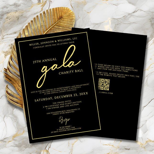 Eleganten Black Guld,  Gala Event Charity Fundrais Inbjudningar (Charity Gala Ball Fundraiser Black and Gold Invitation with Script Calligraphy, QR Code.)