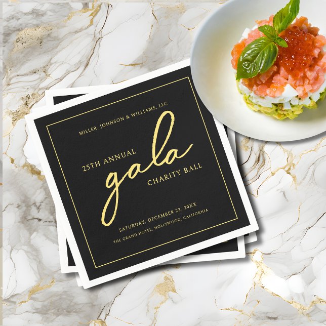 Eleganten Black Guld,  Gala Event Charity Fundrais Pappersservett (Gala Event Charity Fundraiser Elegant Black and Gold Cocktail Napkins with Company Name, Event Info.)