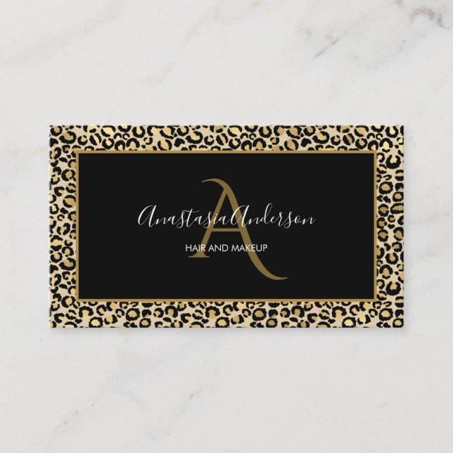 Eleganten Black Monogram, Guld Leopard Spots Visitkort (Framsida)