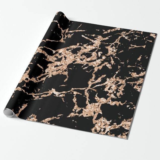 Eleganten Black Ro Guld Marble Strokes Stone Presentpapper (Utrullad)
