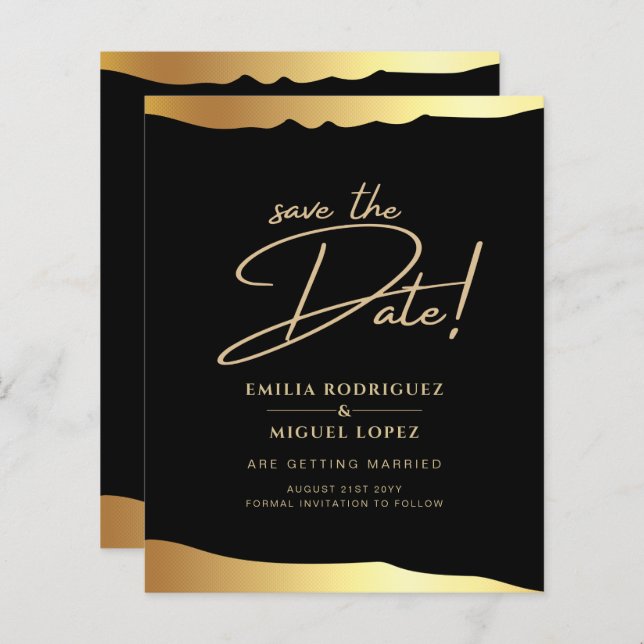 Eleganten Black Tie Bröllop Gold Foil Script Event (Fram/baksida)