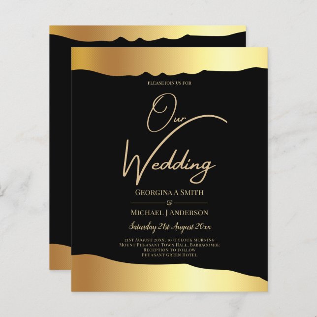 Eleganten Black Tie Bröllop Gold Foil Script Event (Fram/baksida)