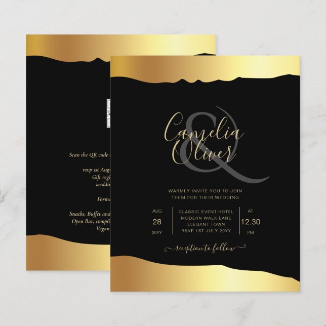 Eleganten Black Tie Bröllop Gold Foil Script Event (Fram/baksida)