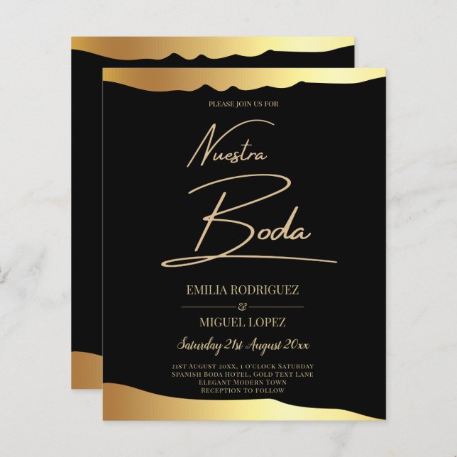 Eleganten Black Tie Bröllop Gold Foil Script Event (Fram/baksida)