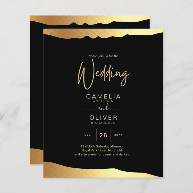 Eleganten Black Tie Bröllop Gold Foil Script Event (Fram/baksida)