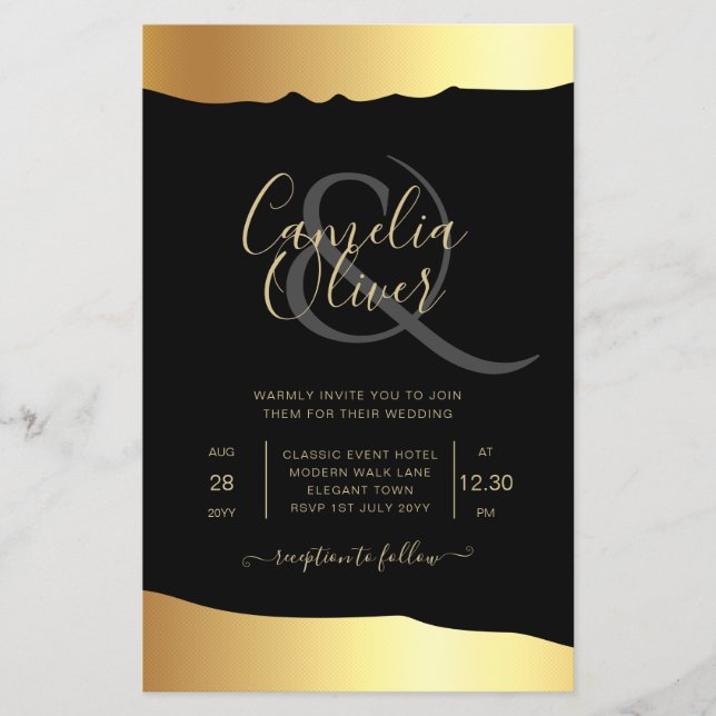 Eleganten Black Tie Bröllop Gold Foil Script Event Flygblad (Framsidan)