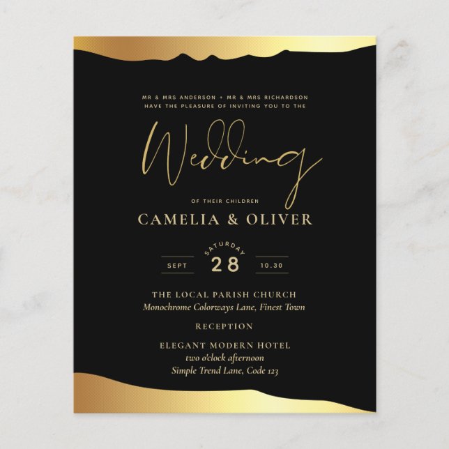 Eleganten Black Tie Bröllop Gold Foil Script Event Flygblad (Framsidan)