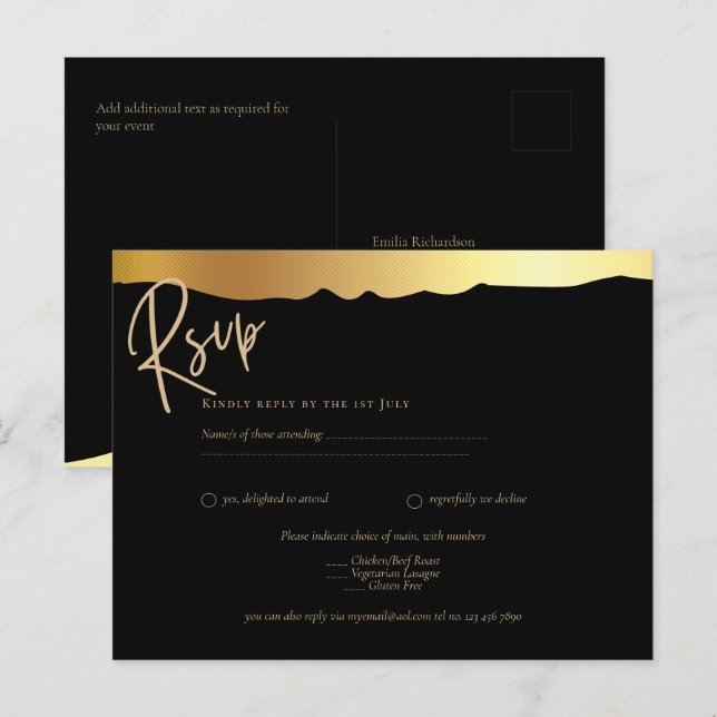 Eleganten Black Tie Bröllop Gold Foil Script Event Vykort (Fram/baksida)