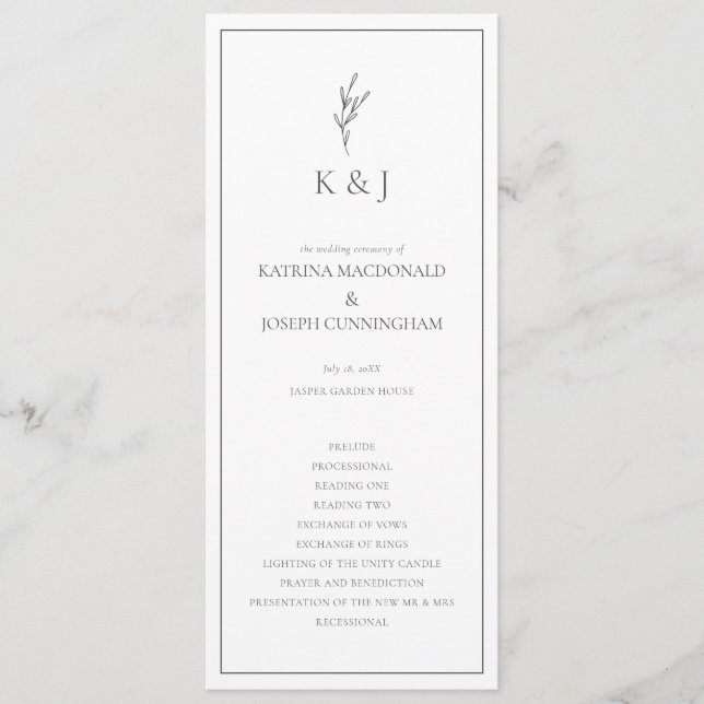 Eleganten Black & White Bröllop Ceremony Minimalis Program (Framsida)