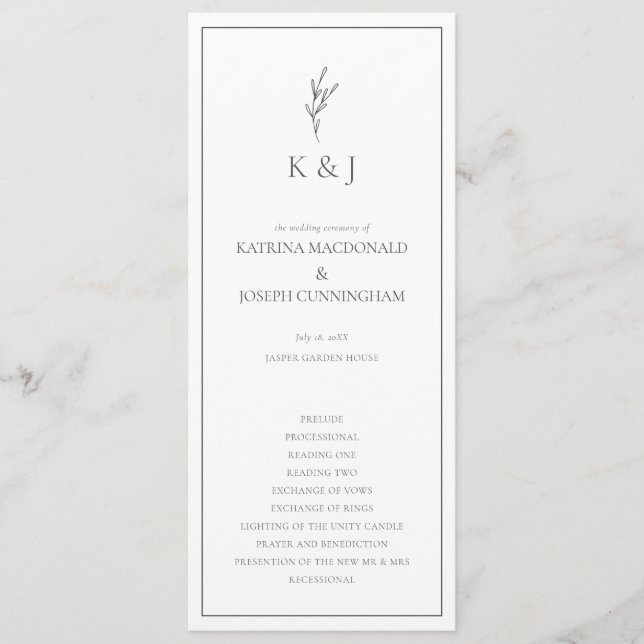 Eleganten Black & White Bröllop Ceremony Minimalis Program (Framsida)