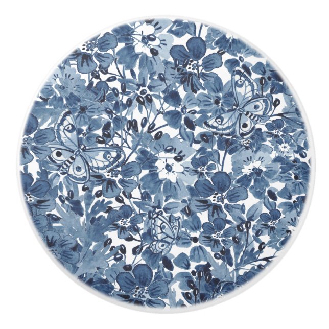 Eleganten Blåfärgad och vit vattenfärgad Blommigt, Knopp (Framsidan)