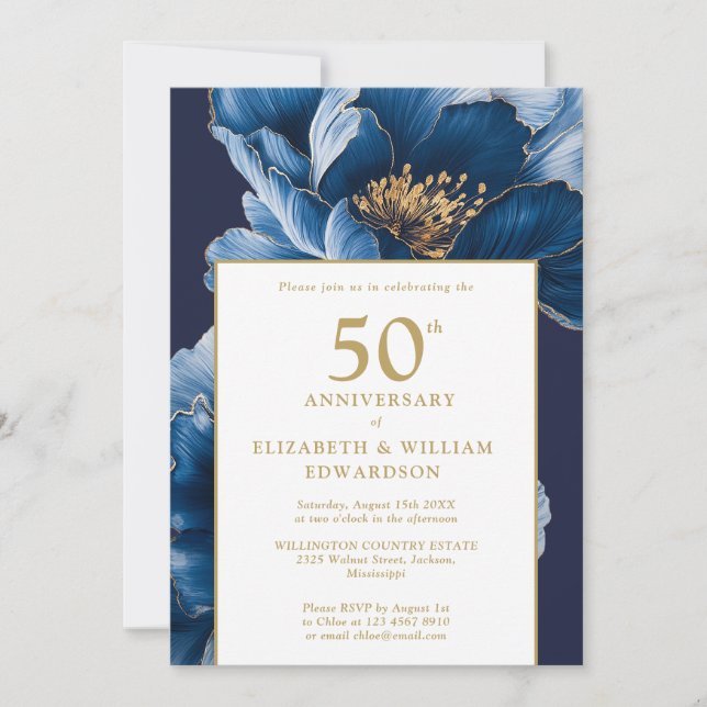 Eleganten Blått Blommigt Modern 50-årsjubileum Inbjudningar (Framsida)