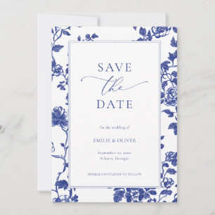 Eleganten Blått Blommigt Toile Spara datum Inbjudningar