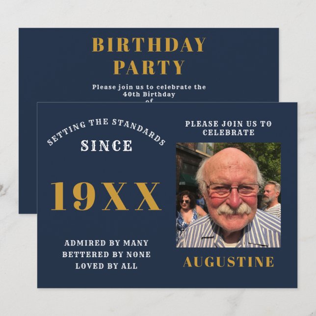 Eleganten Blått Guld i födelsedagsmomentet Inbjudningar (Fram/baksida)