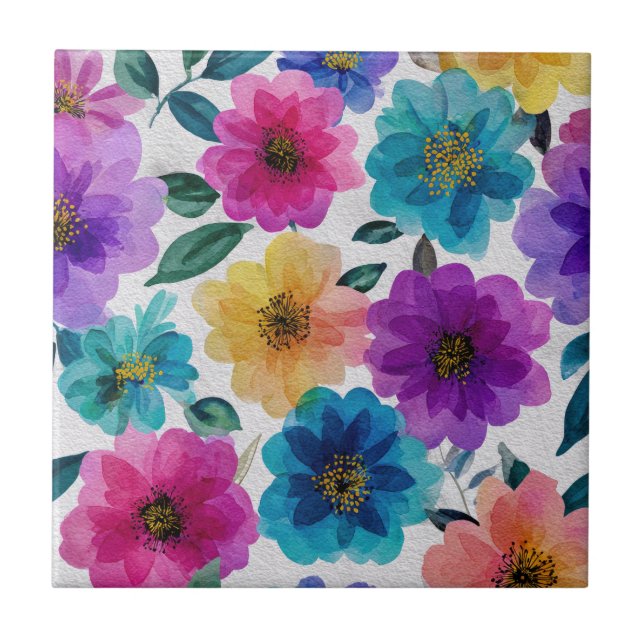 Eleganten Blomka Blommar Blommigten Vattenfärg Kakelplatta (Framsidan)