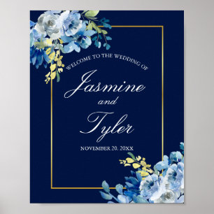 Eleganten Blommigten Guld i marinblå marinblått i Poster