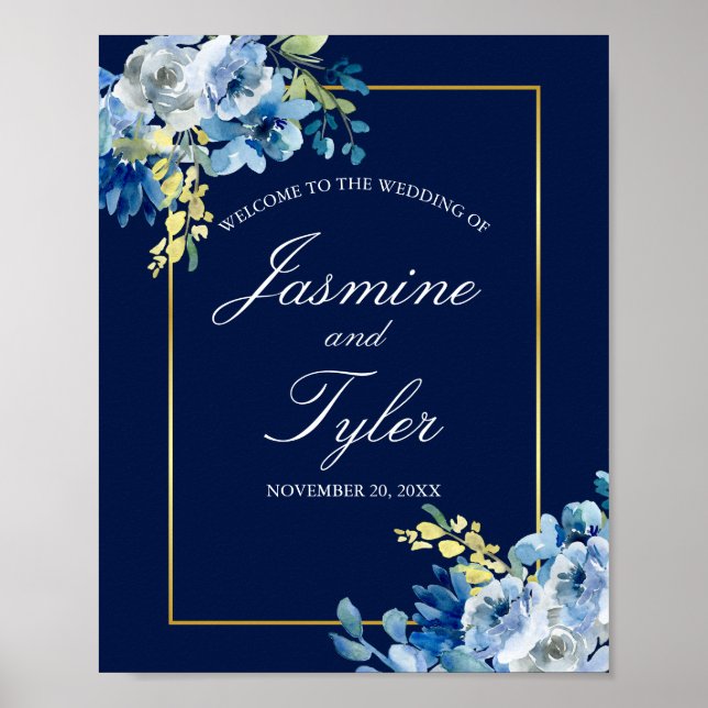 Eleganten Blommigten Guld i marinblå marinblått  i Poster (Framsidan)
