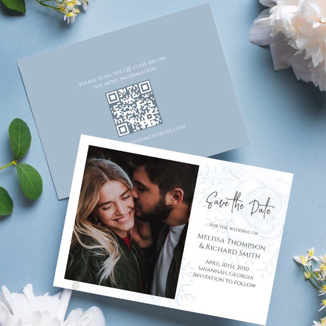 Eleganten Blue Blommigt Photo Bröllop spara datum Spara Datumet (Floral blue elegant Photo save the date card with QR code. )