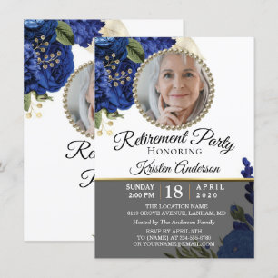 Eleganten Blue Blommigt Photo Pension Party Inbjudningar