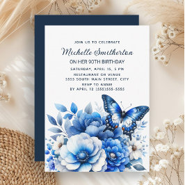 Eleganten Blue Butterfly Flowers 90:e Birthday Inbjudningar