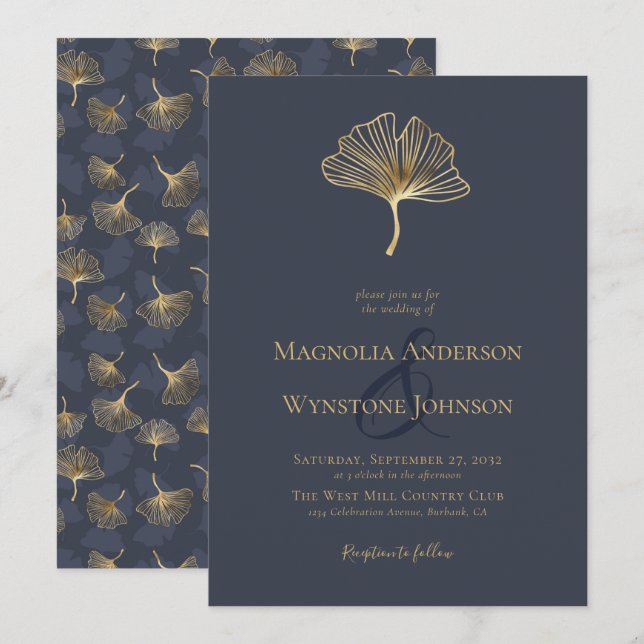 Eleganten Blue Gold Foil Botanical Bröllop Invati Inbjudningar (Fram/baksida)