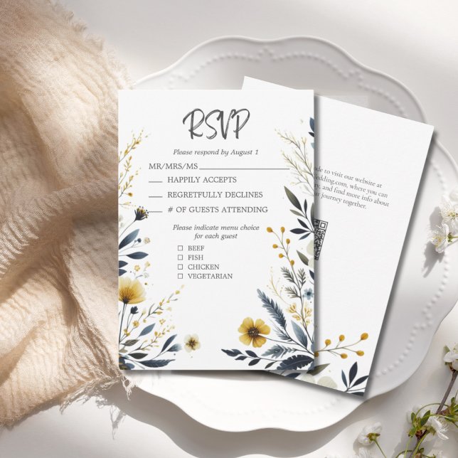 Eleganten Blue Gult Wildblommor QR Code Bröllop OSA Kort (Blue Yellow Wildflowers Elegant Wedding RSVP Response Card with QR Code for Wedding Website.)