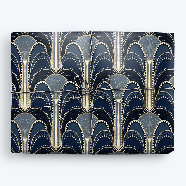 Eleganten Blue och Guld Art Deco Fontän Presentpapper (Skapare uppladdad)