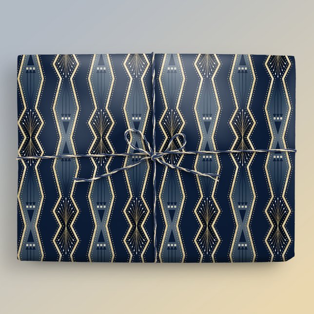 Eleganten Blue och Guld Art Deco Rand Presentpapper (Gift mockup)