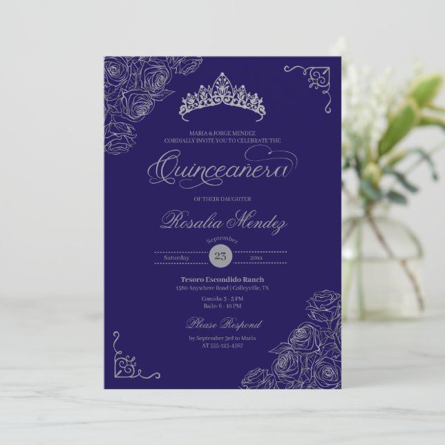 Eleganten Blue & Silver Ro Quinceañera Inbjudningar (Stående Fram)