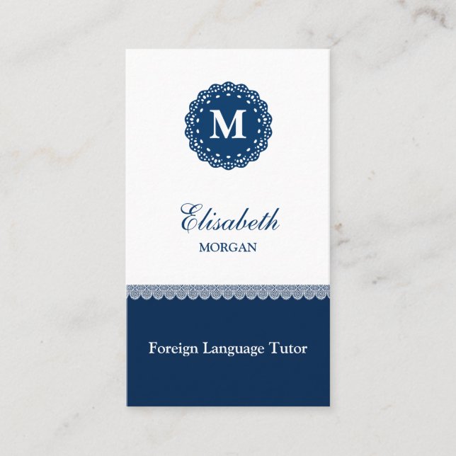 Eleganten Blue Snöre Monogram Visitkort (Framsida)
