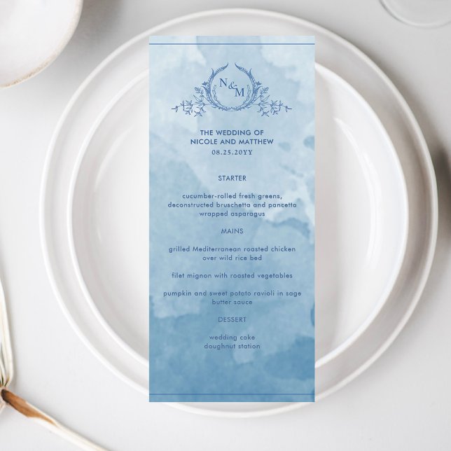 Eleganten Blue Watercolor Monogram Bröllop Menu Meny (Skapare uppladdad)