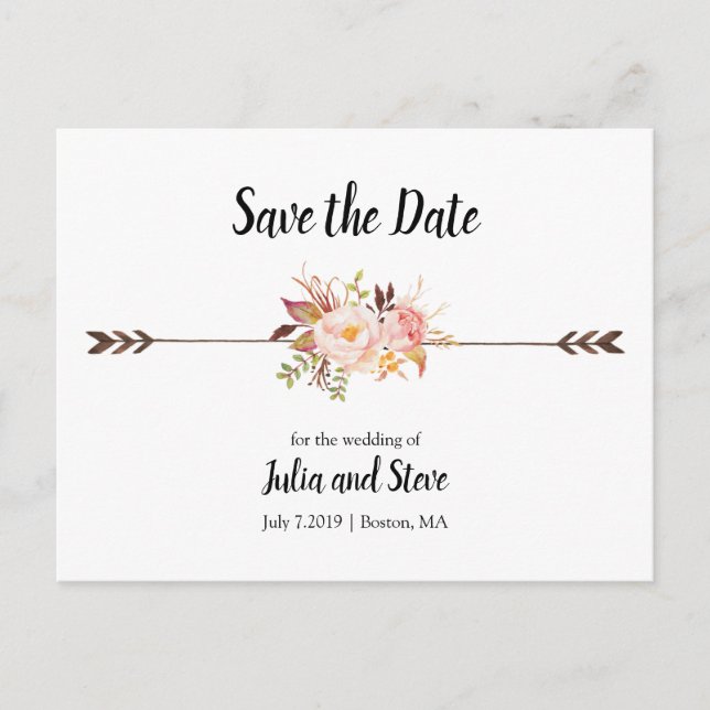 Eleganten Bohemiska vattenfärgsblommor Spara datum Meddelande Vykort (Framsida)