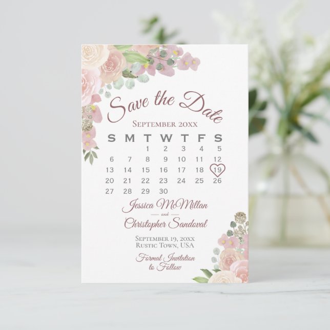 Eleganten Boho Bröllop Calendar för  Rosa Blommigt Spara Datumet (Stående Fram)