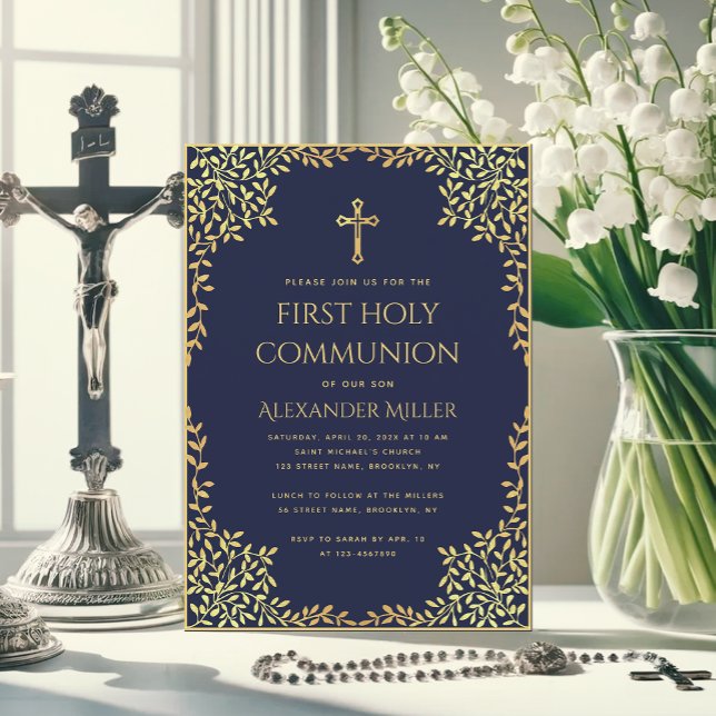 Eleganten Boy First Communion Navy Blue Guld Löv Inbjudningar (Skapare uppladdad)