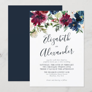 Eleganten Bröllop för blommigt, marin blå burgundi Inbjudningar