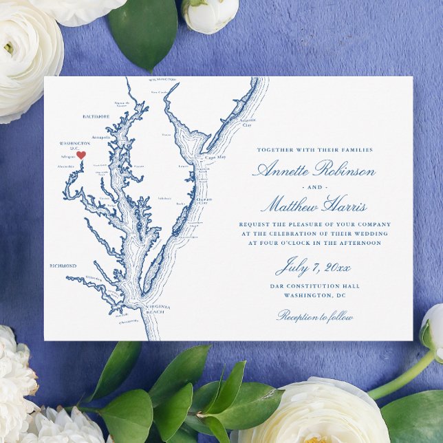 Eleganten Bröllop i Washington DC Karta Inbjudningar (Washington DC Map Wedding invitation with elegant navy blue Chesapeake Bay by Coastal Map Designs)