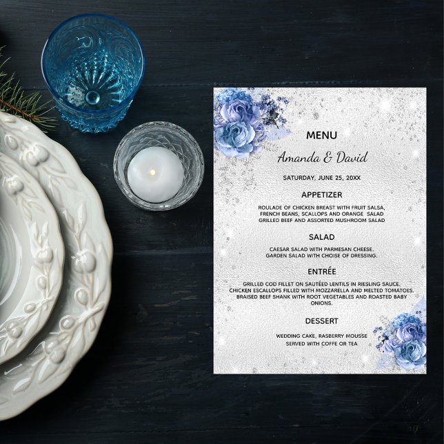 eleganten Bröllop Menu silver blå blommigtar (Skapare uppladdad)