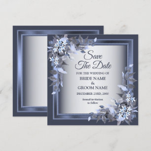 Eleganten Bröllop Navy Blue Blommigt Ram Silver Spara Datumet