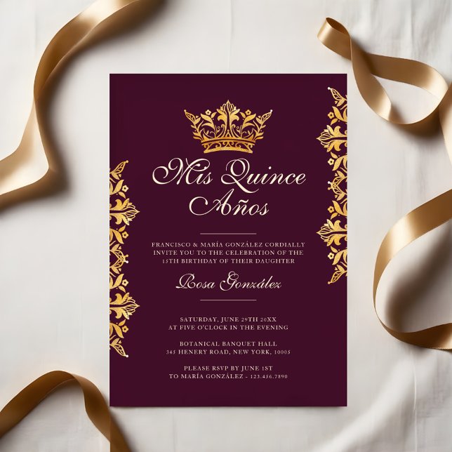 Eleganten Burgundy Quinceañera vid royal Löv Krona Inbjudningar (Royal Gold Leaf Crown Elegant Burgundy Quinceañera Invitation)
