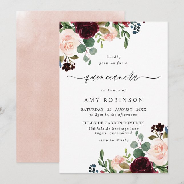 Eleganten Burgundy &  Watercolor Quinceanera Inbjudningar (Fram/baksida)