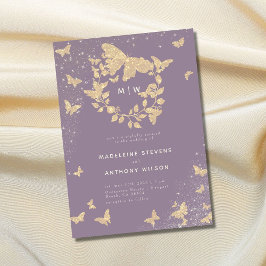 Eleganten Butterfly Bröllop Lilac Guld Monogram Inbjudningar