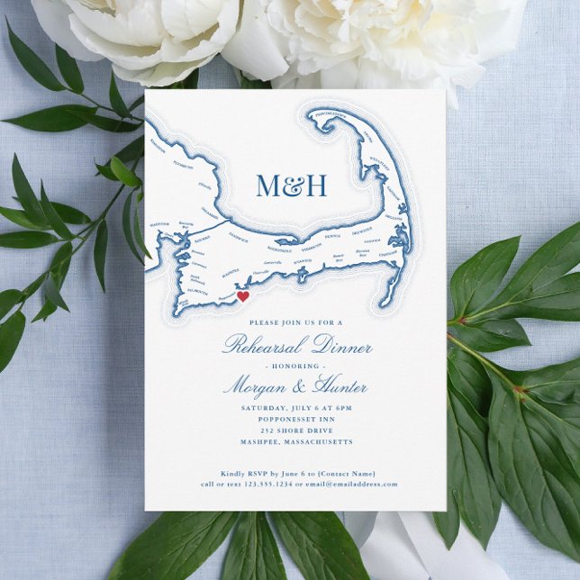 Eleganten Cape Cod Karta Rehearsal Middag Inbjudningar (Cape Cod Rehearsal dinner invitations with a map of the Cape are perfect for a destination wedding)