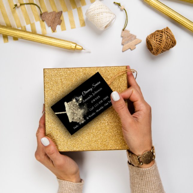 Eleganten Classy Städning Service Sparkly Guld Visitkort (Classy Cleaning Service Elegant Sparkly Gold Business Card)