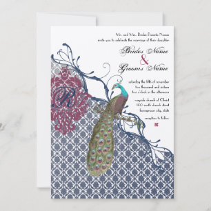 Eleganten Damask Peacock Bröllop Inbjudningar