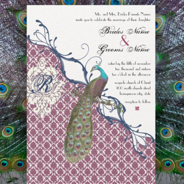 Eleganten Damask Peacock Bröllop Inbjudningar (Skapare uppladdad)