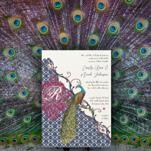 Eleganten Damask Peacock Bröllop Inbjudningar