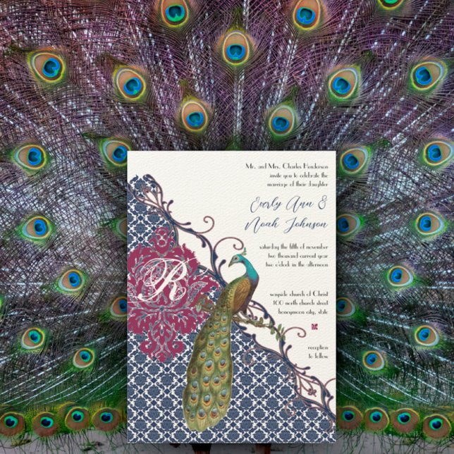 Eleganten Damask Peacock Bröllop Inbjudningar (Skapare uppladdad)