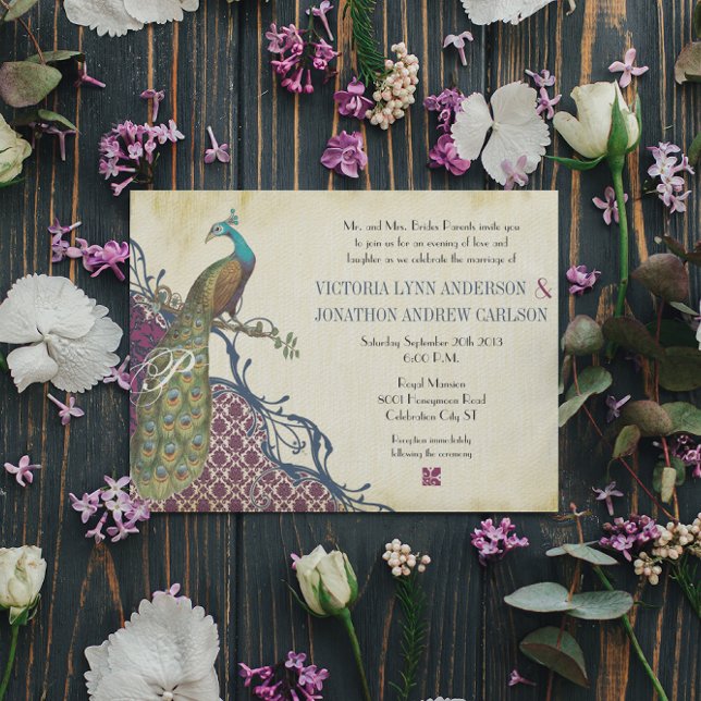 Eleganten Damask Peacock Bröllop Inbjudningar (Skapare uppladdad)